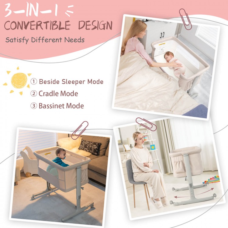 Portable Baby Bedside Bassinet with 5-level Adjustable Heights and Travel Bag-BeigeCostway Gallery View 8 of 10